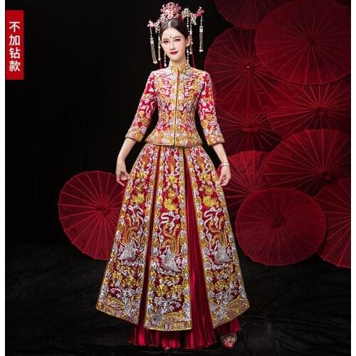 S-3XL Chinese Traditional Wedding Dress Dragon Phoenix Embroidery Cheongsam Clothing Qipao