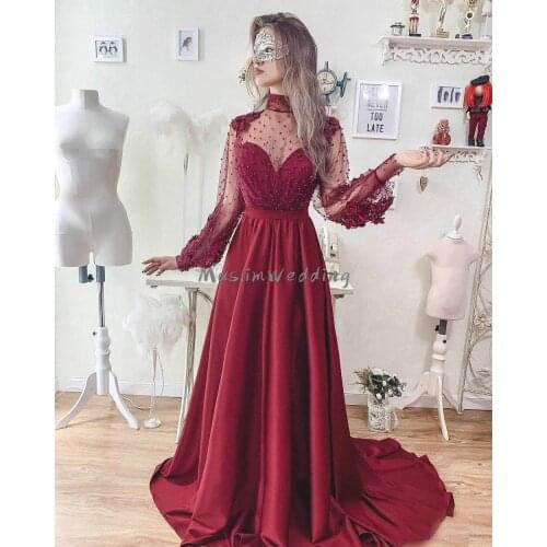 Long Sleeve Burgundy Dance Prom Dresses Beaded Pearls A Line Formal Evening Dress 2020 O Neck Illusion Elegant Prom Gowns New