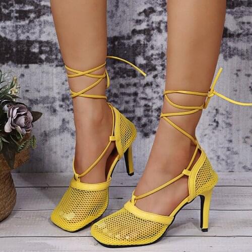 Sexy Black Mesh Pumps Sandals Women Square Toe High Heel Shoe Ladies Lace Up Cross Tied Stiletto Hollow Out Dress Shoes PW171