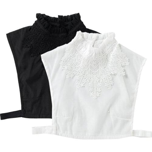 Women Girl Blouse Fake Ruffle Stand Collar Crochet Floral Lace Applique Decor Solid Color Detachable Ladies Stretchy Half Shirts