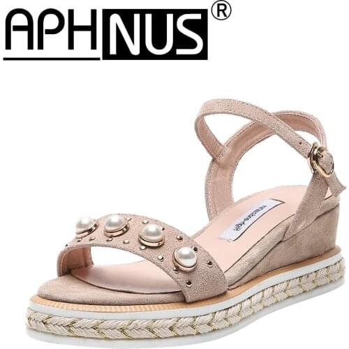 APHNUS Womens Sandals Beading Trifle Wedges Low Mid Heels Pumps Woman 2020 Shoes For Women New