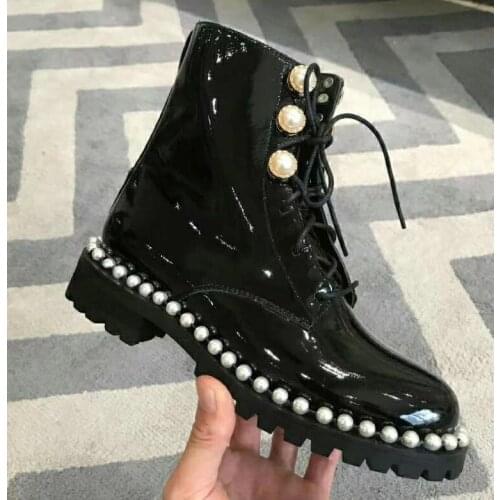 Sestito Women Pearl Decorated Square Low Heels Ankle Boots Lady Round Toe Lace-up Casual Shoes Woman Patent Leather Martin Boots