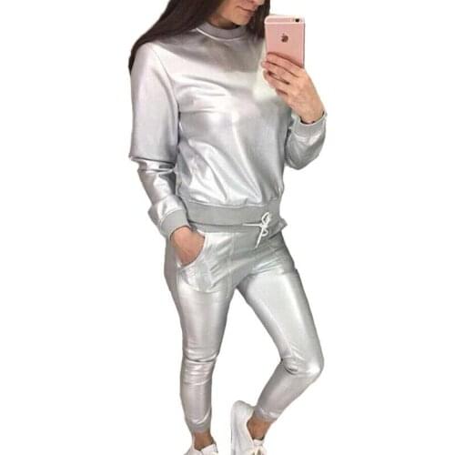 2018 New 2 Piece Sets Tops and Pants Metallic Color PU Leather Tracksuits Set Women Spring Autumn Long Sleeve Tops Set D436