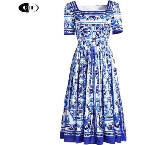 Designer Fashion Runway Vintage Printed Midi Dress Summer Short Sleeve Square Collar Blue Elegant Chic Party Beach Clothes Femme