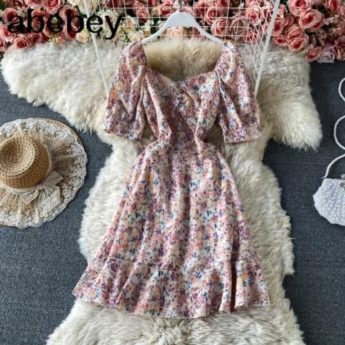 Women Floral Printed dress Square Collar short puff sleeve A line dresses summer Bohemian Beach short Dress