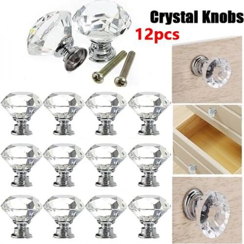 12pcs 30mm Diamond Crystal Glass Door Knobs Drawer Cabinet Furniture Handle Kit