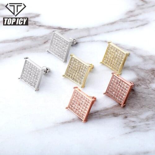 18K Gold Plating square shape CZ stone Paved Circle Stud Earrings full Diamond Sparkling Sterling Silver Stud Earrings for men