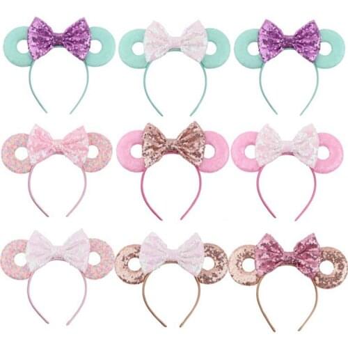 5pcs/lot Reversible Sequins Donut Ears Headband Cute Mouse Ears Sequin Bow Hair Band Princess Kids Girls Photo Hair Accessories