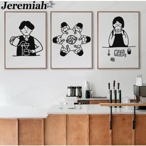 Abstract Cartoon Boy Canvas Painting Black and White Minimalist Family Reunion Poster Wall Art Modern Home Room Decoration