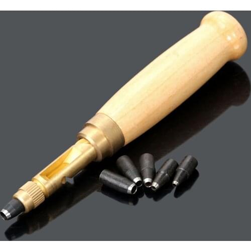1Pc Automatic Hole Screw Punch Set 6 In1 Easy Use Sewing Leather Craft Belt Strap Punching Tool(1 Wooden Handle+6 Punch) 1.5-4mm