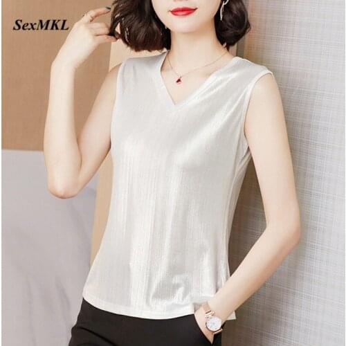 Plus Size Sexy White Blouses Womens 2020 Summer Sleeveless Shiny Black Tops and Blouses Korean Women Clothes Slim Office Blouse