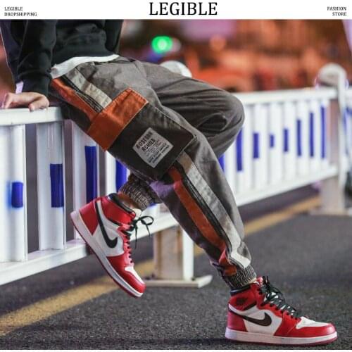 Striped Side Cargo Pants Men Patchwork Black Joggers Pants Man Hip Hop Trousers Fashion Casual SweatPants