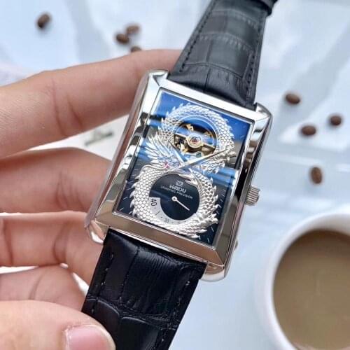 Relogio Masculino Carving Dragon Hand wind Mechanical Rectangle Men Watch Brown leather strap Wrist Watch Waterproof A63