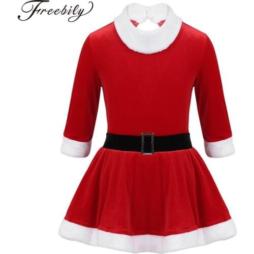 Kids Girls Santa Christmas Dance Costume Xmas Dresses 3/4 Sleeves Velvet Children Girl Ballet Dance Leotard Figure Skating Dress