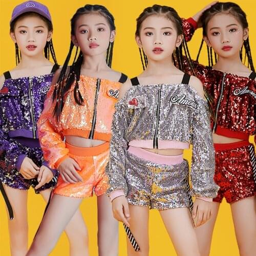 Jazz Dance Costumes Orange Sequins Child Cheerleader Set Hip Hop Street Dancing Clothes Stage Outfit Performance Wear DNV12127