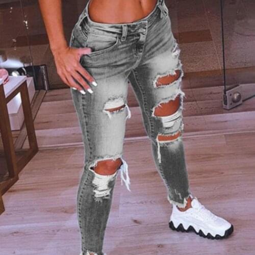 Fashion Women Jeans Low Waist Hip Lift Ripped Holes Skinny Denim Pencil Pants Trousers Ripped Stretch Hole Pencil Pant Plus Size
