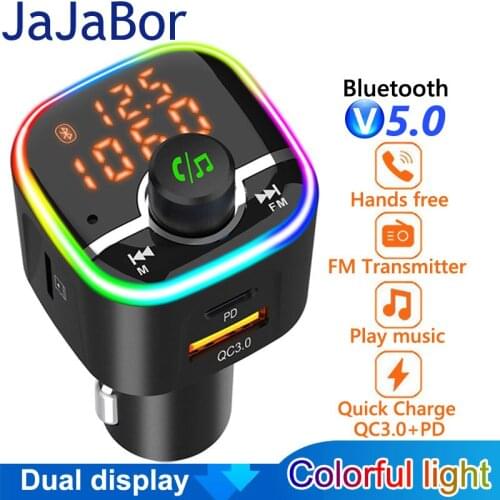 JaJaBor Bluetooth 5.0 Car Kit Handsfree FM Transmitter Car MP3 Player QC3.0+PD 18W USB Charger Support TF Card U Disk Playback