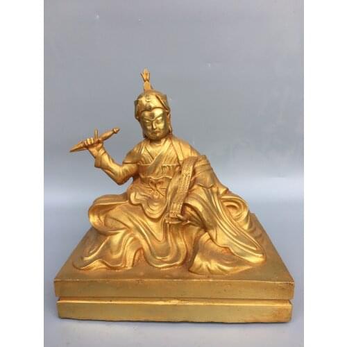 9"Chinese temple collection Old Bronze Gilt Golden Panchen Lama Padmasambhava Sitting Buddha Ornaments Town House Exorcism