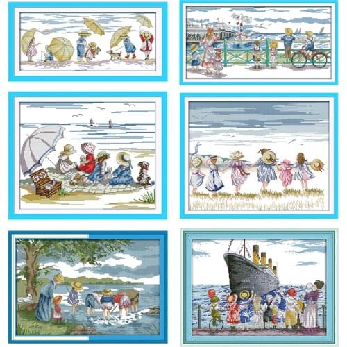 Boys and girls playing on the beach counted cross stitch kit DIY cross stitch set 11ct 14ct canvas print embroidery needlework