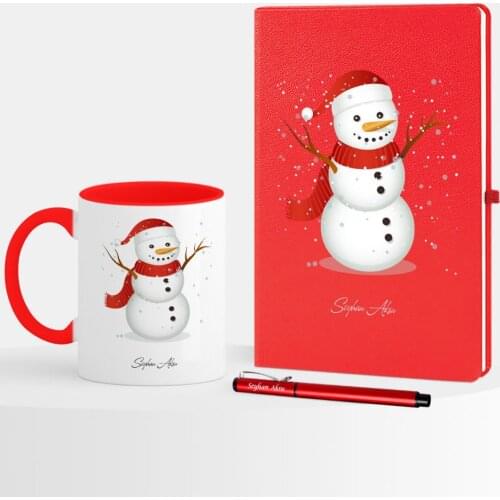 Personalized Christmas Snowman Themed Red Notebook Pen Mug Set-2