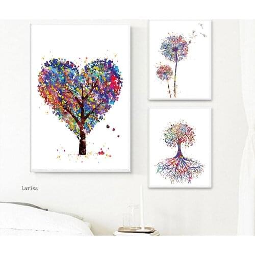 Nordic Watercolor Canvas Painting Plant Colorful Heart Trees Wall Art Poster Decoration Picture for Living Room Home No Frame