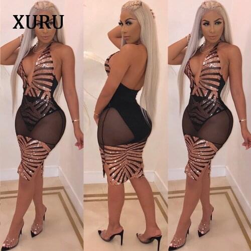XURU new hot sexy sequin dress womens deep V sling straps womens dress perspective beads sequin nightclub dress