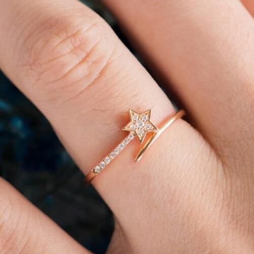 Simple Fashion Star Design Rose Gold Ring For Girl Engagement Party Gift Cute Jewelry Rhinestones Zircon Rings