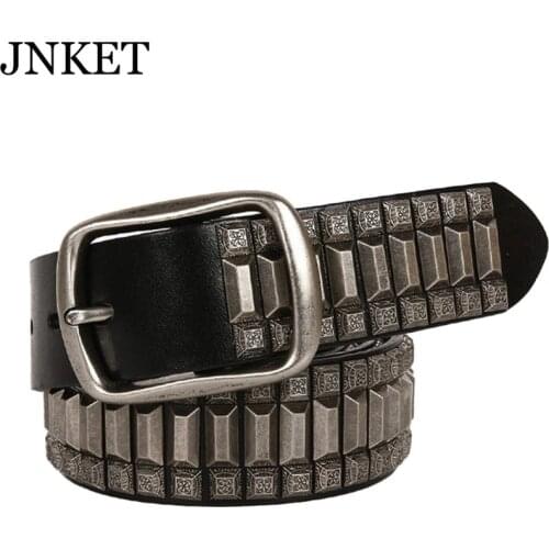 JNKET Punk Studded Belt Men Cowhide Cinturon Pin Buckle Belt Hip Hop Belts