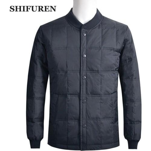 SHIFUREN 2019 New Autumn Winter Warm Men Jacket Ultralight White Duck Down Coats Long Sleeve Causal Stand Collar Tops