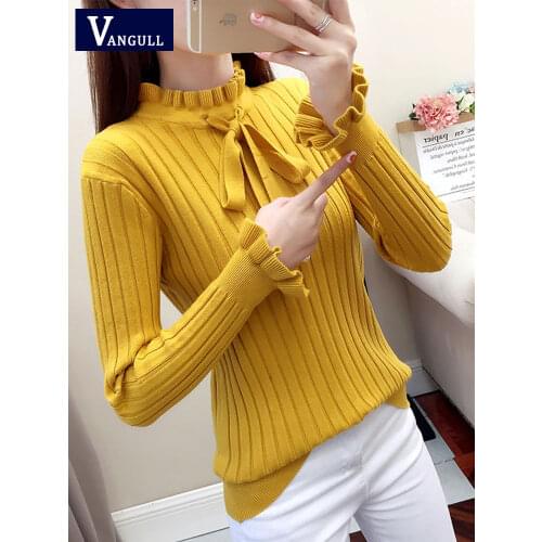 Vangull Casual Spring Slim Sweater Winter Knitted Sweater New Lace Up Flare Long Sleeve Ruffle Knitting Pullover Women Sweaters