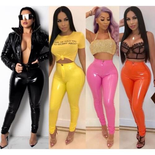 Women Black PU Leather Pants Wet-look Trousers Sexy Pencil Pants Skinny Casual Bottoms High Waist Leggings Shinny Pants Trousers