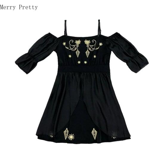 Black Floral Embroidery Oversize S-XL Spaghetti Strap Dresses Women Slash Neck Puff Sleeve Mini A-line Dress Lolita Style Dress