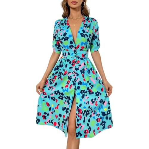 2021 New Women Deep V-neck Dress Floral Printed Pattern Short Sleeve Button-down Blue/ Green
