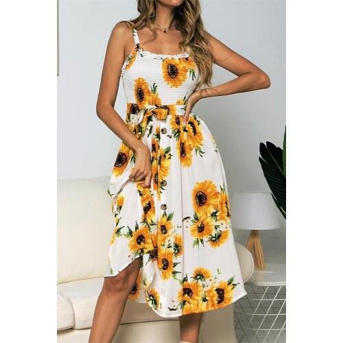 Vintage Sunflower Print Dress Beach Sleeveless Halter V Neck Bodycon Female Party Lace Up Belt A-Line Dresses Vestido De Mujer