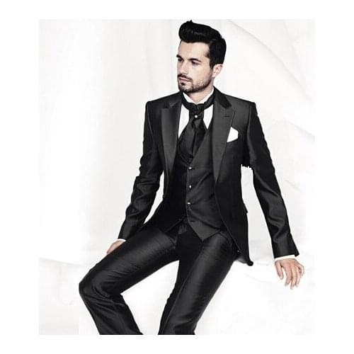 2018 Custom Made One Button Black Groom Tuxedos Notch Lapel Best Man Groomsman Men Wedding Suits Bridegroom tuxedos(Jacket+Pant)