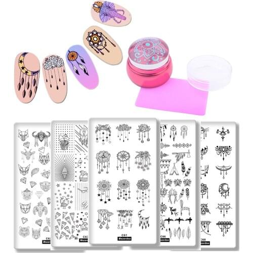 5Nail Art Stamp Template Indian Necklace Feather Printing Plate for Manicure Tool+ 1Pink Chess Silicone Nail Stamper Scraper Set