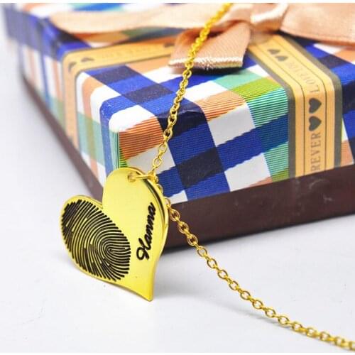 Customized Fingerprint Necklace Gold Heart Charm Engraved Signature Handwriting Personalized Jewelry Memory Gift