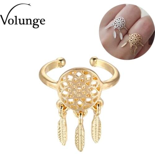 Volunge 2017 New Fashion Alloy Ring Gold Silver Color Dreamcatcher Open Personality Ring Korean Adjustable Leaf Rings