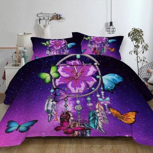 Dreamcatcher Duvet Cover Set Queen Romantic Purple Bedding Dreamlike Butterfly Bed Set Feathers Bedclothes 3pcs Gift Bedline