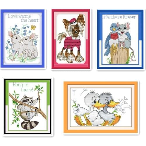 Kittens Puppies Bunny Ducklings Animal Cartoon Cross Stitch Pattern, Handmade 11CT 14CT Printed Fabric Set Sewing Embroidery