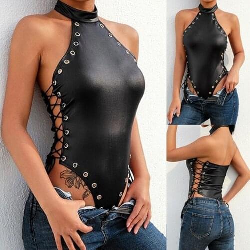 Leather Black Bodysuit Women Female 2021 Halter Backless Jumpsuit Sexy Bodycon Bodys Summer Pu Black Bodysuits Female
