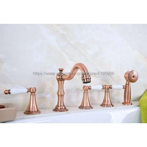 Bathtub Faucet Widespread Tub Sink Mixer Taps Red Copper Brass Bathroom Bath Shower Faucet with Handshower Btf212
