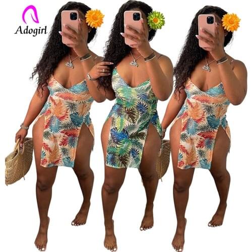 Leaf Print Spaghetti Straps Women Mini Dress Y2K 2021 Summer High Slit Sexy Night Club Party Low Cut Vestidos Workout Activewear