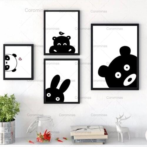 Rabbit Bear Panda Hippo Wall Art Print Canvas Painting Nordic Poster Black White Animals Wall Pictures Kids Room Decoration
