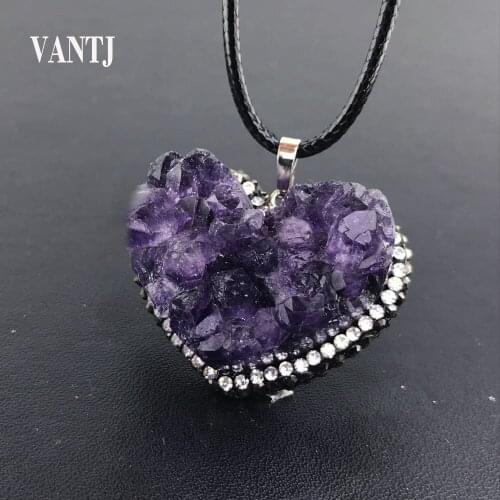 Natural Purple Amethyst Raw Pendant Sterling 925 Silver Necklace Gemstone Heart Fine Jewelry for Woman Lady Wedding Party Gift