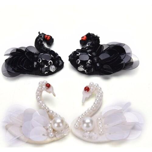 NEW 2pcs Sequins Beading Black Swan Patches Sewing On Patches Applique Badge Garment Craft DIY Apparel Accessory Wholesale