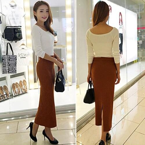 Autumn and winter long section split fork knit skirt hip skirt slim long skirt female high waist step skirt