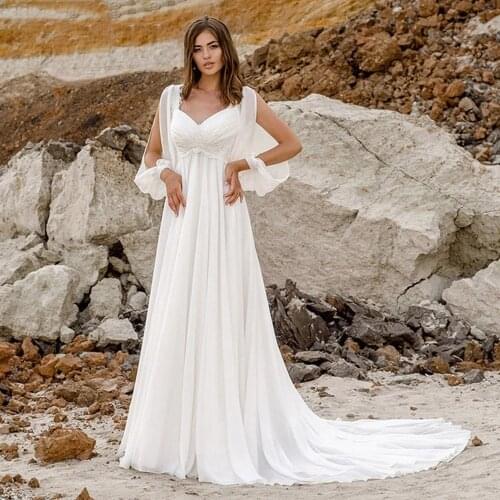 Sexy Wedding Dresses Chiffon Appliques Pleat V-Neck Full Sleeve Zipper A-Line Bridal Gowns Novia Do 2021 New Party