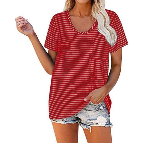 Plus Size Casual Loose T-shirt Fashion Short Sleeve Stripes Top Women O Neck Pocket Loose Summer Elegant T-Shirt Tee