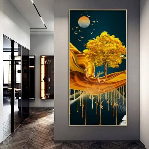 Modern Canvas Painting Printed on Canvas Golden Yellow Rich Tree Flower Plant Posters Prints Wall Art Picture for Living Room